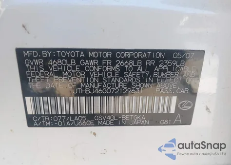 2007 Lexus Es from USA, damaged, VIN JTHBJ46G072129631